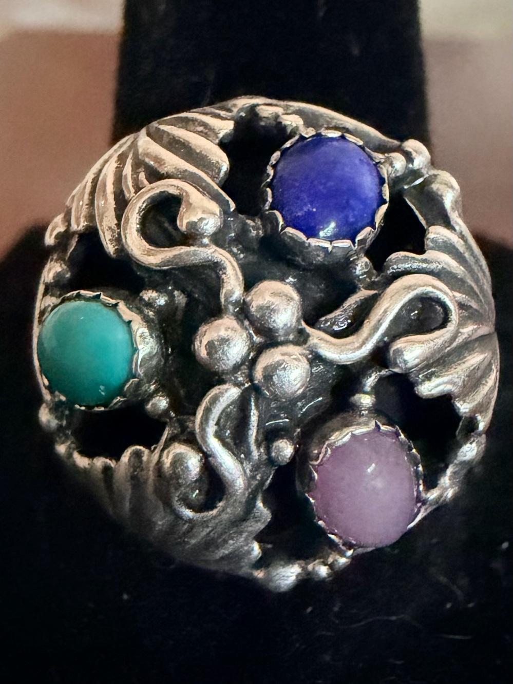 CP Turquoise, Lapis Lazuli & Pink Cabochon Sterling Silver Ring Size 9